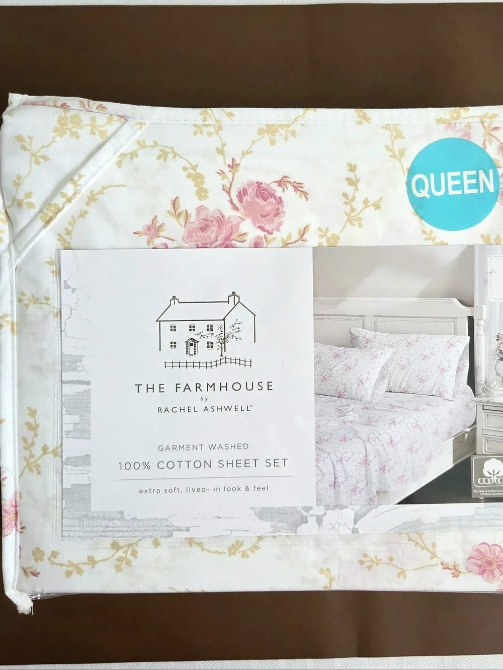 Shabby Chic Rachel Ashwell Cotton QUEEN sheet set Pink Floral Leaf Vines NEW